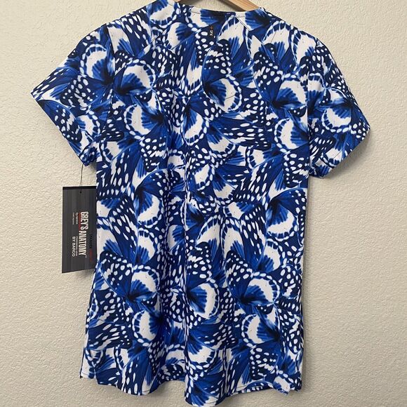 Grey's Anatomy by Barco Women Scrub Top S Blue Butterfly Short Sleeve V Neck - Picture 2 of 7